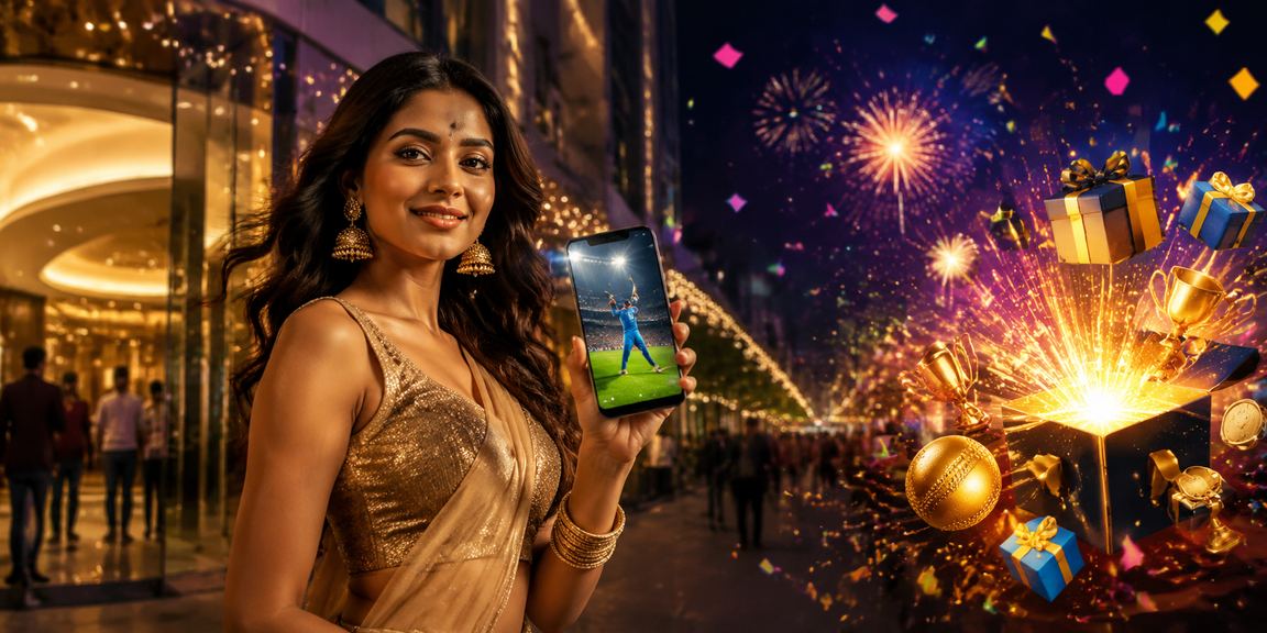 Night market with neon lights and cricket betting in India